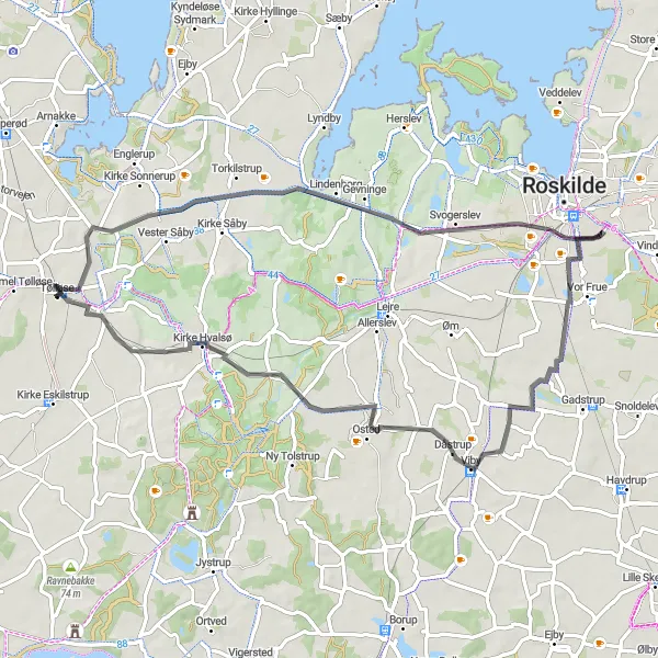 Map miniature of "Picturesque Ride through Torkilstrup and Kirke Hvalsø" cycling inspiration in Sjælland, Denmark. Generated by Tarmacs.app cycling route planner