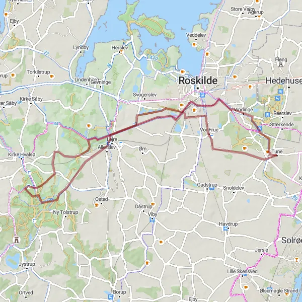 Map miniature of "The Gravel Adventure" cycling inspiration in Sjælland, Denmark. Generated by Tarmacs.app cycling route planner