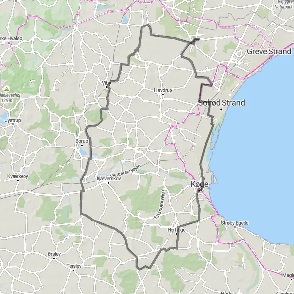 Map miniature of "Solrød Scenic Route" cycling inspiration in Sjælland, Denmark. Generated by Tarmacs.app cycling route planner