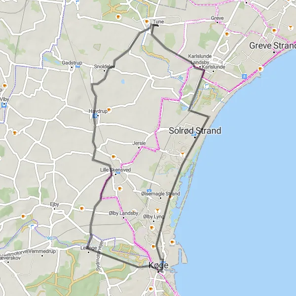 Map miniature of "Tune to Solrød Strand Loop" cycling inspiration in Sjælland, Denmark. Generated by Tarmacs.app cycling route planner