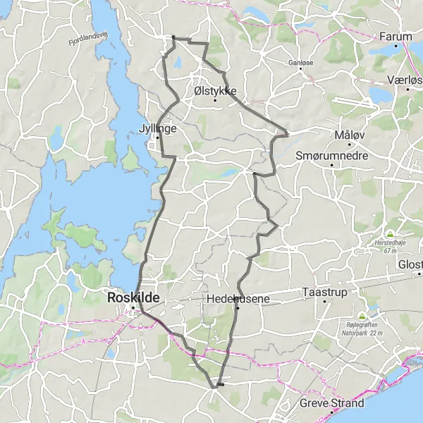 Map miniature of "The Viking Route" cycling inspiration in Sjælland, Denmark. Generated by Tarmacs.app cycling route planner