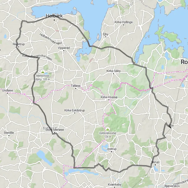 Map miniature of "Viby to Vigersted Road Cycling Route" cycling inspiration in Sjælland, Denmark. Generated by Tarmacs.app cycling route planner