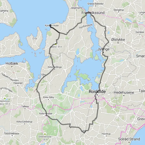 Map miniature of "Viby to Roskilde Road Cycling Route" cycling inspiration in Sjælland, Denmark. Generated by Tarmacs.app cycling route planner