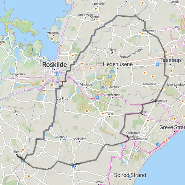 Map miniature of "Exploring Trekroner and Havdrup" cycling inspiration in Sjælland, Denmark. Generated by Tarmacs.app cycling route planner