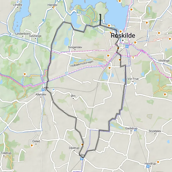 Map miniature of "Dåstrup to Roskilde Scenic Ride" cycling inspiration in Sjælland, Denmark. Generated by Tarmacs.app cycling route planner