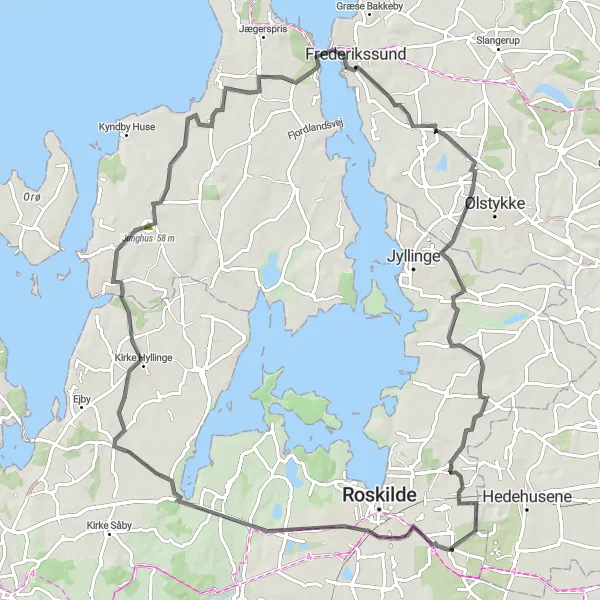 Map miniature of "Vindinge to Vindinge: The Lindenborg Loop" cycling inspiration in Sjælland, Denmark. Generated by Tarmacs.app cycling route planner
