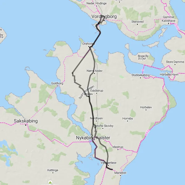 Map miniature of "The Vordingborg Loop" cycling inspiration in Sjælland, Denmark. Generated by Tarmacs.app cycling route planner