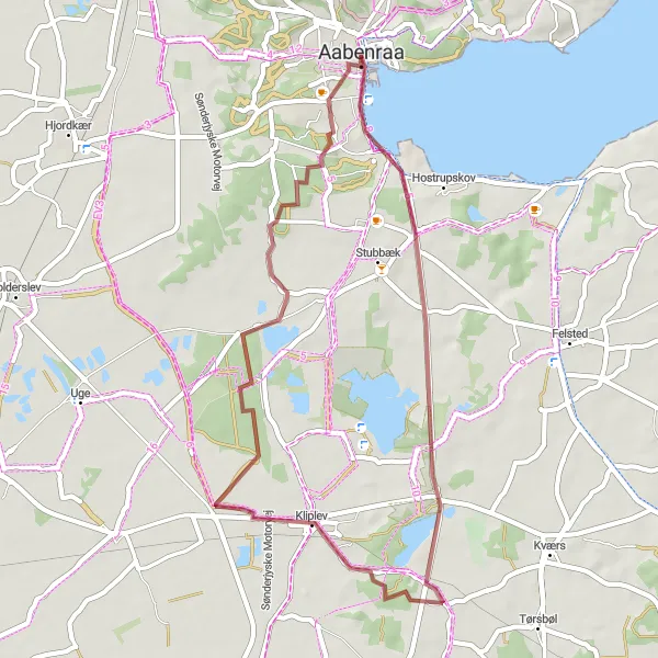 Map miniature of "Picturesque Gravel Ride to Kliplev" cycling inspiration in Syddanmark, Denmark. Generated by Tarmacs.app cycling route planner
