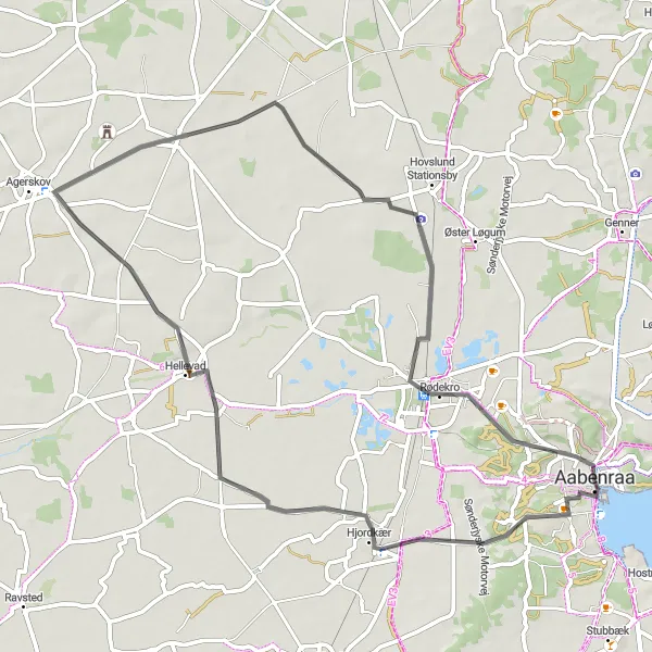 Map miniature of "The Hjordkær Excursion" cycling inspiration in Syddanmark, Denmark. Generated by Tarmacs.app cycling route planner