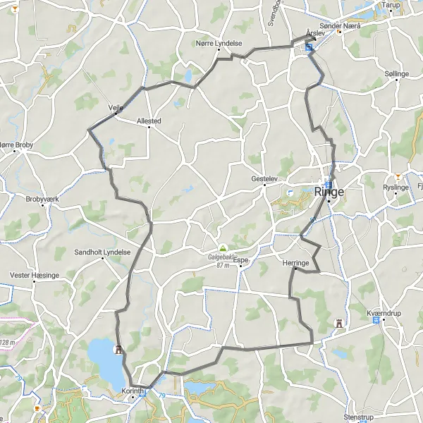 Map miniature of "Ringe to Nørre Lyndelse Road Route" cycling inspiration in Syddanmark, Denmark. Generated by Tarmacs.app cycling route planner