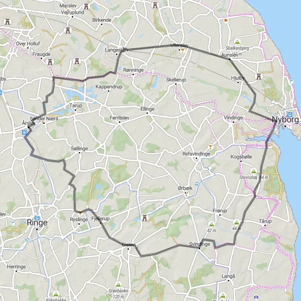 Map miniature of "Ullerslev Loop" cycling inspiration in Syddanmark, Denmark. Generated by Tarmacs.app cycling route planner