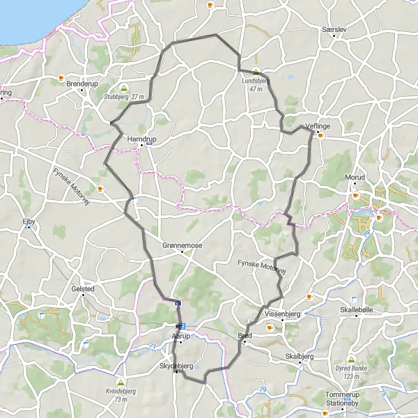 Miniaturekort af cykelinspirationen "Kort rute fra Årup til Bred" i Syddanmark, Denmark. Genereret af Tarmacs.app cykelruteplanlægger