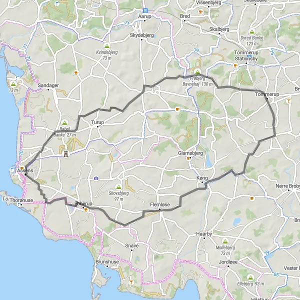 Miniaturekort af cykelinspirationen "Eventyrlysten rute fra Assens til Assens via Tommerup" i Syddanmark, Denmark. Genereret af Tarmacs.app cykelruteplanlægger