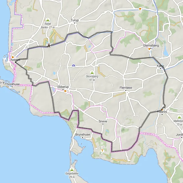 Miniaturekort af cykelinspirationen "Smuk rute fra Assens til Assens gennem Gamtofte og Hagenskov" i Syddanmark, Denmark. Genereret af Tarmacs.app cykelruteplanlægger