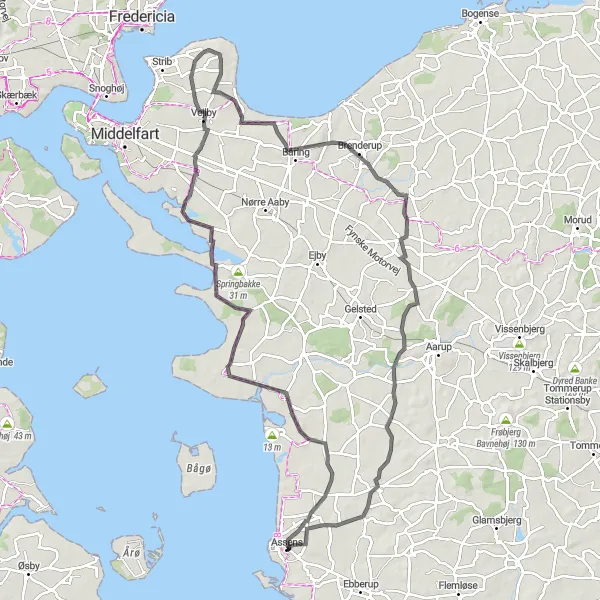 Miniaturekort af cykelinspirationen "Udforsk Assens til Assens via Vejlby og Røjle Klint" i Syddanmark, Denmark. Genereret af Tarmacs.app cykelruteplanlægger