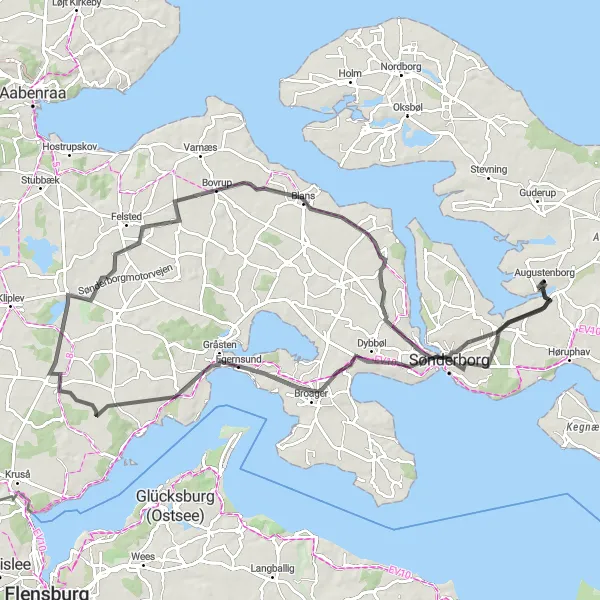 Map miniature of "Avnbjerg-Holbøl-Bovrup Ride" cycling inspiration in Syddanmark, Denmark. Generated by Tarmacs.app cycling route planner