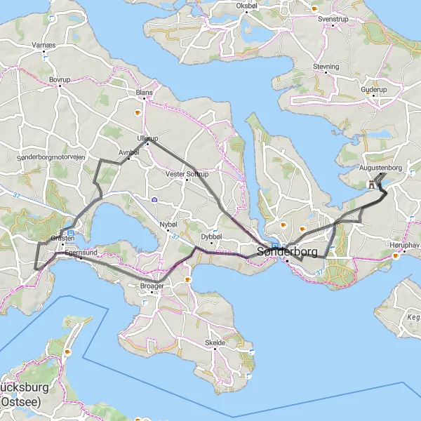 Map miniature of "Rural Exploration from Sønderborg to Vollerup" cycling inspiration in Syddanmark, Denmark. Generated by Tarmacs.app cycling route planner