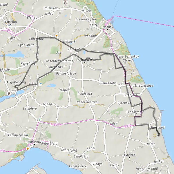 Map miniature of "Almsted-Mommark-Asserballe Station Ride" cycling inspiration in Syddanmark, Denmark. Generated by Tarmacs.app cycling route planner