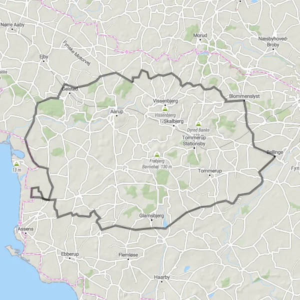 Map miniature of "Fynske Bakker Tour" cycling inspiration in Syddanmark, Denmark. Generated by Tarmacs.app cycling route planner