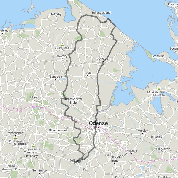 Map miniature of "Coastal and Scenic Trail Around Bellinge" cycling inspiration in Syddanmark, Denmark. Generated by Tarmacs.app cycling route planner