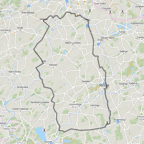 Map miniature of "Bellinge Loop" cycling inspiration in Syddanmark, Denmark. Generated by Tarmacs.app cycling route planner