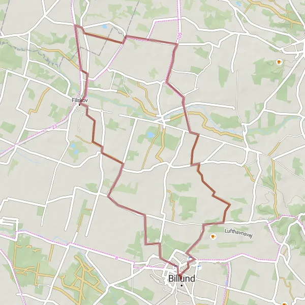 Map miniature of "Billund Gravel Experience" cycling inspiration in Syddanmark, Denmark. Generated by Tarmacs.app cycling route planner