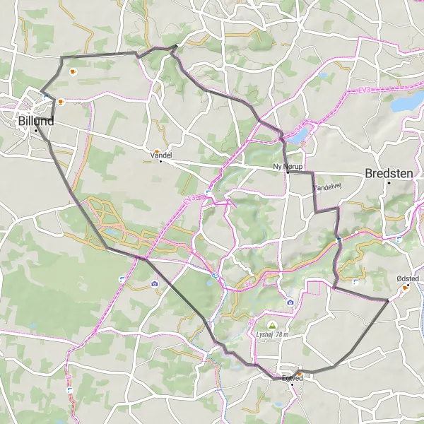Map miniature of "Billund Road Adventure" cycling inspiration in Syddanmark, Denmark. Generated by Tarmacs.app cycling route planner