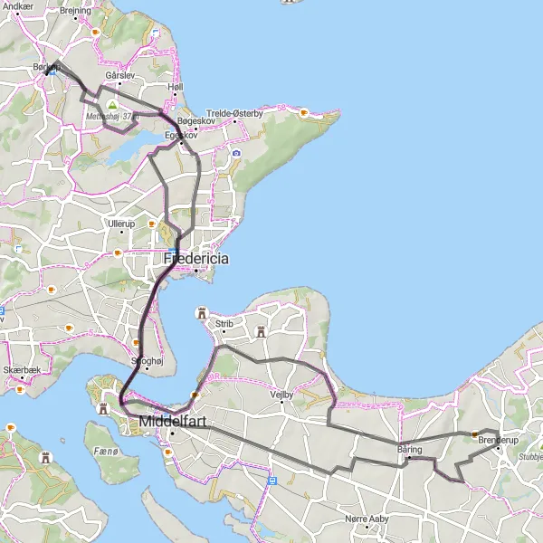 Map miniature of "Egeskov-Middelfart Loop - Road Cycling Route near Børkop" cycling inspiration in Syddanmark, Denmark. Generated by Tarmacs.app cycling route planner