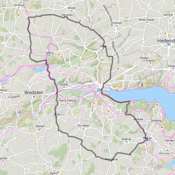 Map miniature of "Scenic Tour through Vejle" cycling inspiration in Syddanmark, Denmark. Generated by Tarmacs.app cycling route planner