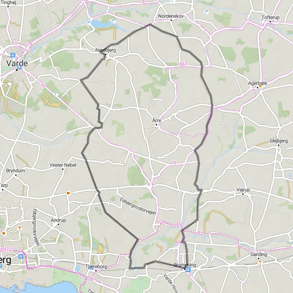Map miniature of "Bramming Delight" cycling inspiration in Syddanmark, Denmark. Generated by Tarmacs.app cycling route planner