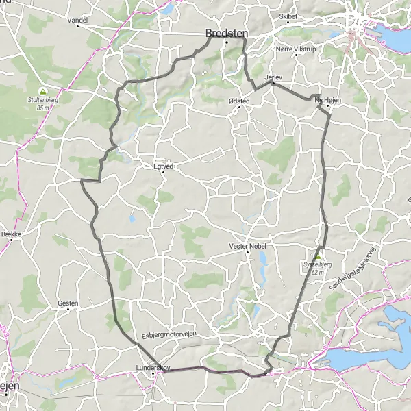 Map miniature of "Jerlev-Sysselbjerg-Ulveryg-Veerst-Ravning Circuit" cycling inspiration in Syddanmark, Denmark. Generated by Tarmacs.app cycling route planner