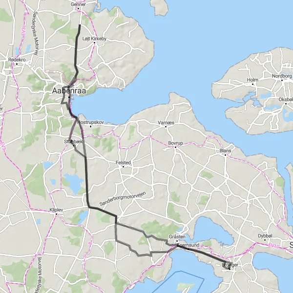 Map miniature of "The Aabenraa Adventure Loop" cycling inspiration in Syddanmark, Denmark. Generated by Tarmacs.app cycling route planner