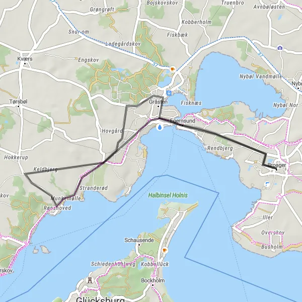 Map miniature of "Egernsund and Alnor" cycling inspiration in Syddanmark, Denmark. Generated by Tarmacs.app cycling route planner