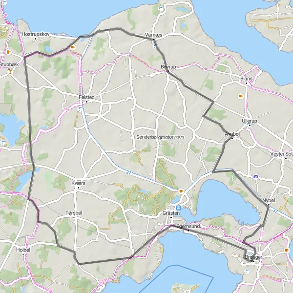 Miniaturekort af cykelinspirationen "Rundtur fra Broager til Sønder Hostrup" i Syddanmark, Denmark. Genereret af Tarmacs.app cykelruteplanlægger