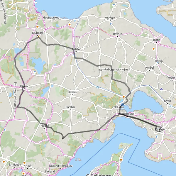 Miniaturekort af cykelinspirationen "Sceni tur fra Broager til Gråsten" i Syddanmark, Denmark. Genereret af Tarmacs.app cykelruteplanlægger