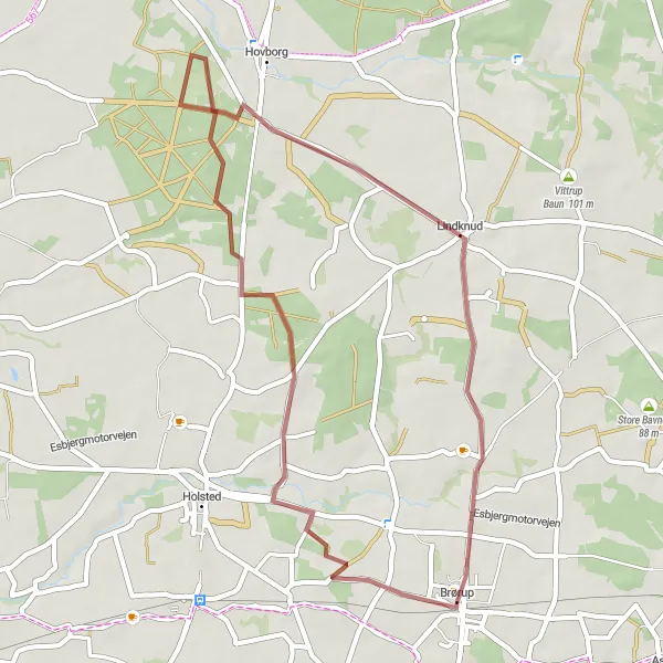 Map miniature of "Brørup to Gjerndrup Scenic Gravel Ride" cycling inspiration in Syddanmark, Denmark. Generated by Tarmacs.app cycling route planner