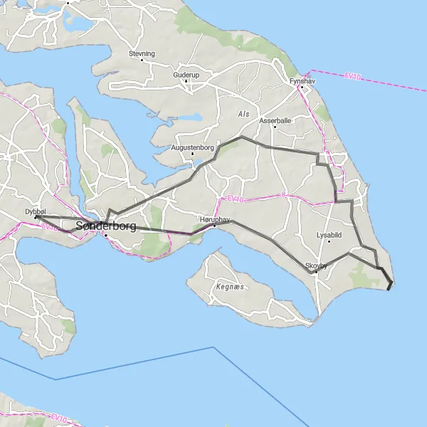 Map miniature of "Syddanmark Road Cycling Route 1" cycling inspiration in Syddanmark, Denmark. Generated by Tarmacs.app cycling route planner