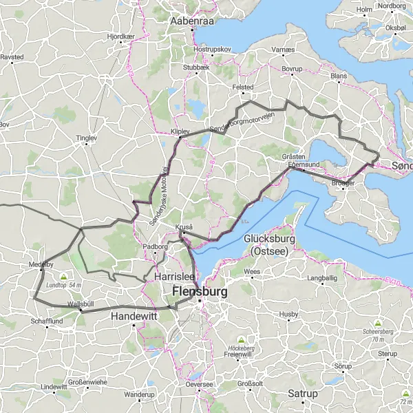 Map miniature of "Southern Adventure" cycling inspiration in Syddanmark, Denmark. Generated by Tarmacs.app cycling route planner