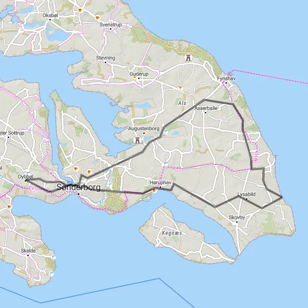 Map miniature of "Avnbjerg to Sønderborg Circuit" cycling inspiration in Syddanmark, Denmark. Generated by Tarmacs.app cycling route planner