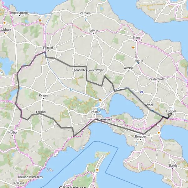 Map miniature of "Dybbøl to Avnbjerg Road Cycling Route" cycling inspiration in Syddanmark, Denmark. Generated by Tarmacs.app cycling route planner
