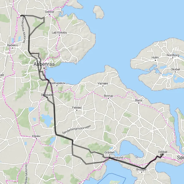 Map miniature of "Dybbøl to Vemmingbund Road Cycling Route" cycling inspiration in Syddanmark, Denmark. Generated by Tarmacs.app cycling route planner