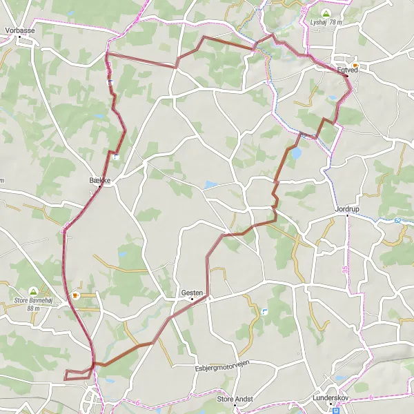 Map miniature of "Egtved Gravel Route" cycling inspiration in Syddanmark, Denmark. Generated by Tarmacs.app cycling route planner