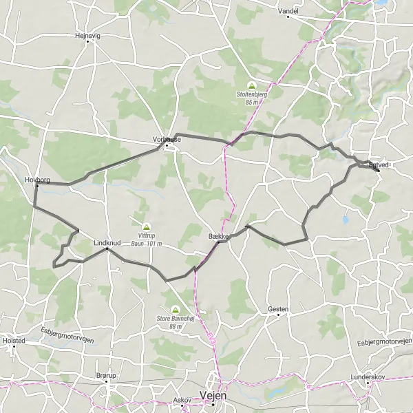 Map miniature of "Egtved-Kragelund-Hovborg-Vorbasse-Tågelund Loop" cycling inspiration in Syddanmark, Denmark. Generated by Tarmacs.app cycling route planner