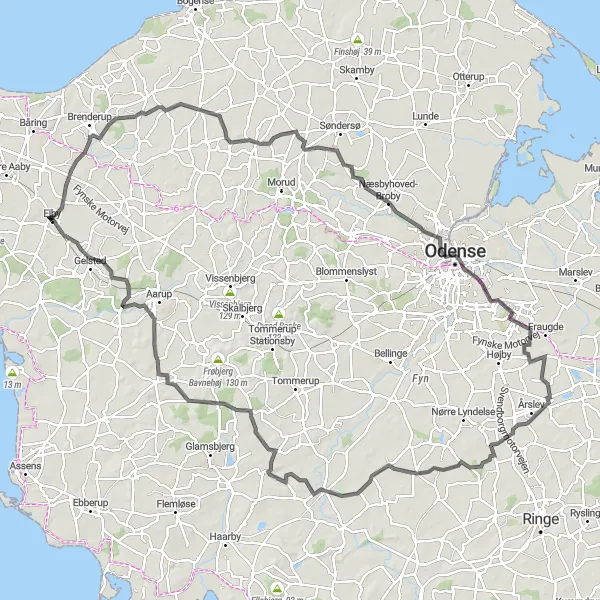 Map miniature of "Ejby to Nørre Broby Grand Tour" cycling inspiration in Syddanmark, Denmark. Generated by Tarmacs.app cycling route planner
