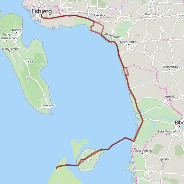 Map miniature of "Esbjerg Gravel Adventure" cycling inspiration in Syddanmark, Denmark. Generated by Tarmacs.app cycling route planner