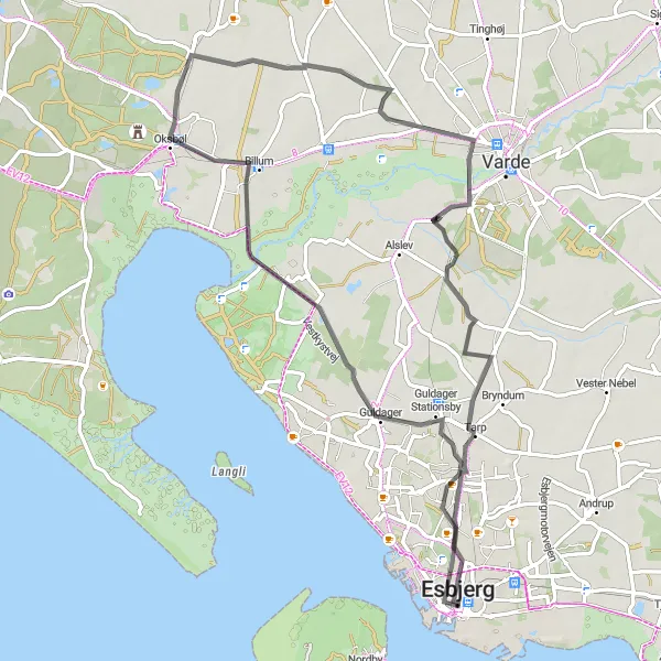 Map miniature of "Esbjerg to Gjesing Road Cycling Route" cycling inspiration in Syddanmark, Denmark. Generated by Tarmacs.app cycling route planner