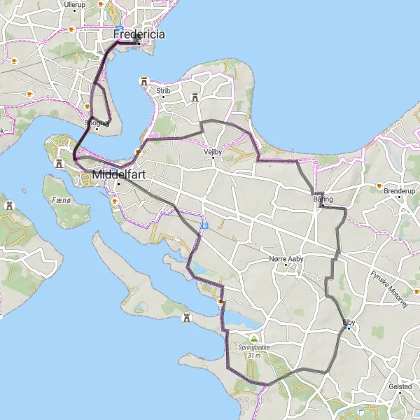 Map miniature of "Fredericia and Middelfart Ride" cycling inspiration in Syddanmark, Denmark. Generated by Tarmacs.app cycling route planner