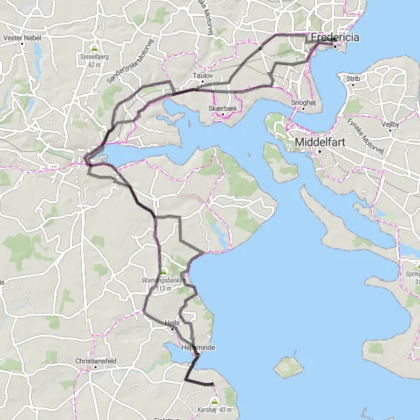 Map miniature of "Fredericia Coastal Circuit" cycling inspiration in Syddanmark, Denmark. Generated by Tarmacs.app cycling route planner