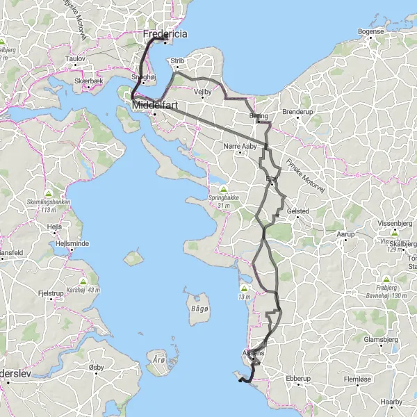 Map miniature of "Fredericia to Snoghøj Loop" cycling inspiration in Syddanmark, Denmark. Generated by Tarmacs.app cycling route planner