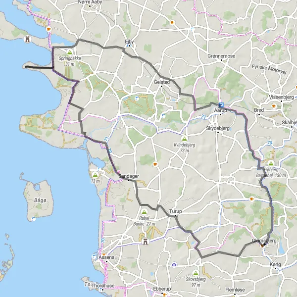 Map miniature of "Glohøj and Aarup Loop" cycling inspiration in Syddanmark, Denmark. Generated by Tarmacs.app cycling route planner